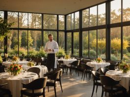 Elegant hotel restaurant dining room at golden hour with garden view