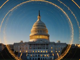 US Capitol with digital coin symbols, crypto regulation concept