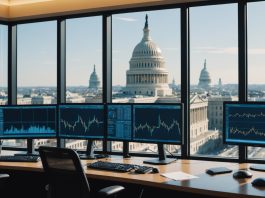 Financial trading desk with market charts and the US Capitol in the background, illustrating crypto regulation news