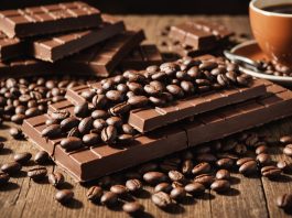 Raw cocoa pods and beans beside chocolate bars, illustrating falling cocoa prices