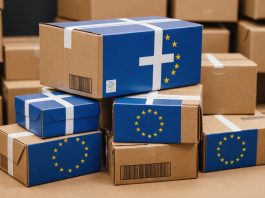 Cardboard delivery parcels stacked beside a customs duty stamp, symbolizing new EU e-commerce fees