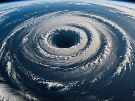 Satellite view of a hurricane spiral used to illustrate AI cyclone forecasting