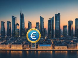 Illustration of a European financial district skyline representing eurozone inflation and ECB monetary policy