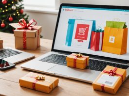 Laptop and smartphone showing an online checkout screen with shopping boxes, holiday retail concept