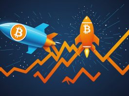 Editorial illustration of a volatile rocket-shaped crypto price chart symbolizing leveraged Bitcoin and Ether ETFs